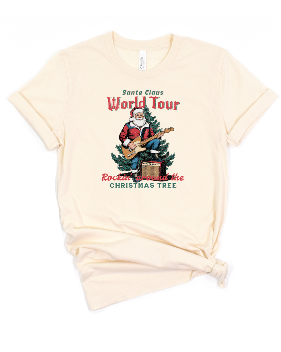 Old School Santa Claus World Tour Tee on a Natural Bella Canvas shirt featuring a vintage-inspired Santa design with an electric guitar, perfect for Christmas parties, music lovers, and rock enthusiasts.