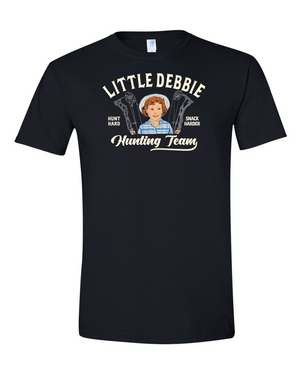 Little Debbie Bow Hunting Tee on black soft-style Gildan fabric, featuring a vibrant bow hunting graphic, perfect for outdoor enthusiasts and casual wear.