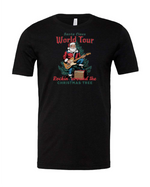 Retro Santa Claus World Tour Tee on Heather Black Bella Canvas T-shirt – Christmas Rock Shirt with Santa Playing Guitar