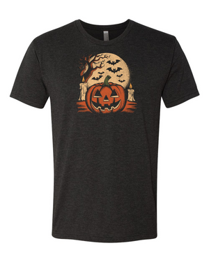 Vintage Pumpkin Scene Halloween Classic T-Shirt featuring a retro design with candles, bats, and a spooky tree on a tri-blend vintage black fabric. Perfect for Halloween celebrations and casual wear.