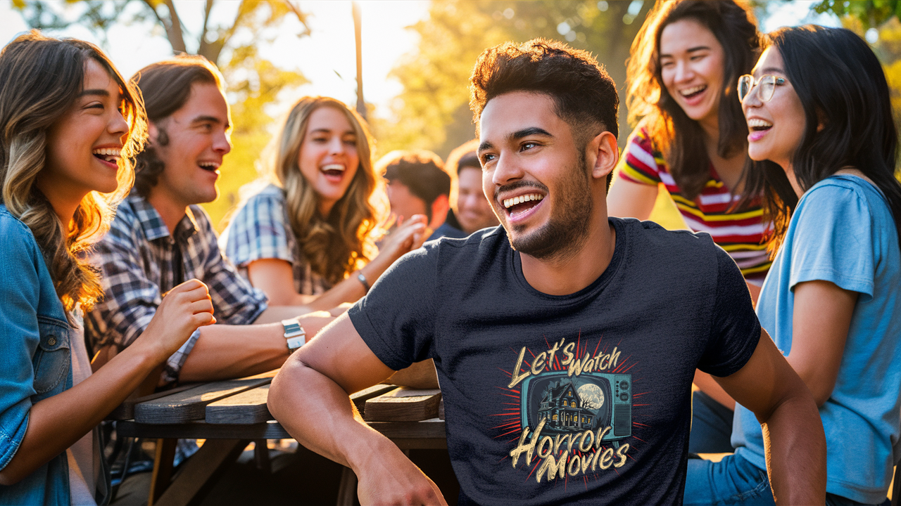 A guy laughing with friends wearing a vintage black t-shirt with Let's Watch Horror Movies graphic on the front of the t-shirt