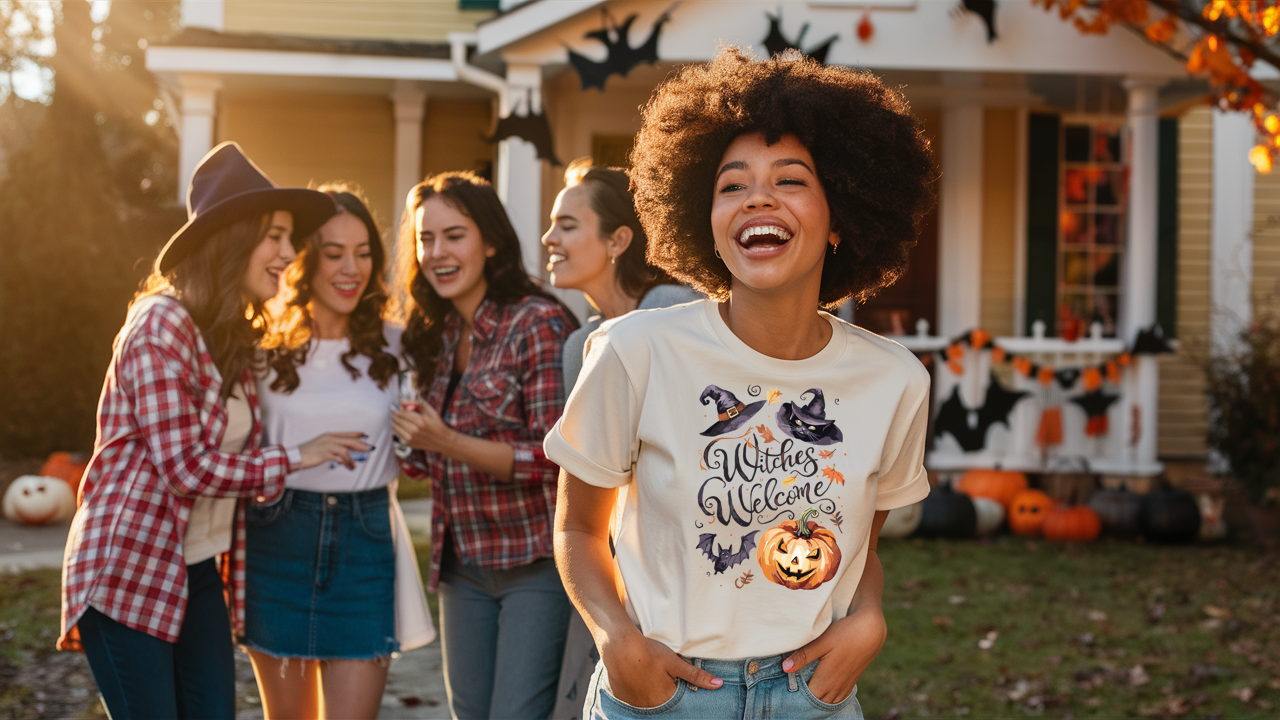 A women wearing a ivory witches welcome t-shirt laughing, and having a good time with friends in front of a home decorated for Halloween.