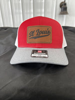 Richardson 112 Leather Patch Hat: St Louis Baseball Script Red/ White/ Heather Grey - 