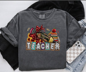 Teacher Leopard Block Letters Pepper Tee - 