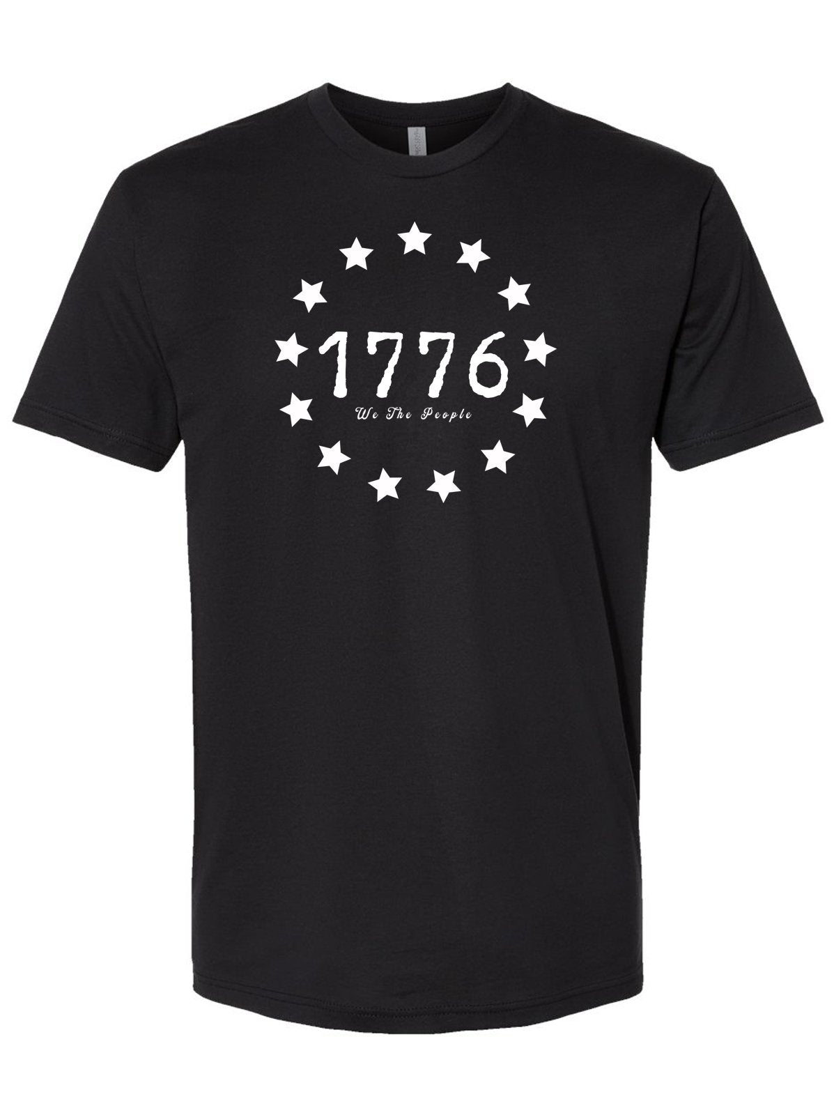 A black t-shirt with 13 stars around 1775 with the words we the people.