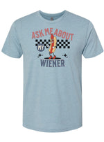 This funny t-shirt features the words Ask Me About My Wiener featuring a hotdog. This t-shirt was inspired by the move Accepted.
