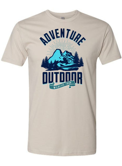 This is a sand colored t-shirt with the words Adventure Outdoor Wild life tour. This t-shirt is a perfect way to display your love for style, and the outdoors.
