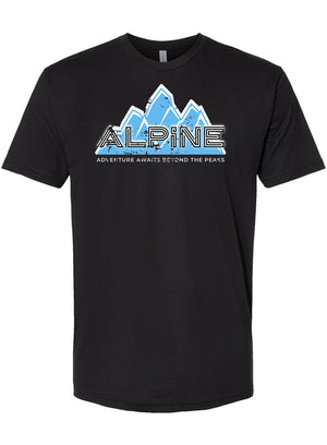 A black t-shirt with a unique Apline design with blue and white mountains the world Alpine is in a unique line font below the mountains are the words Adventure awaits beyond the peaks.