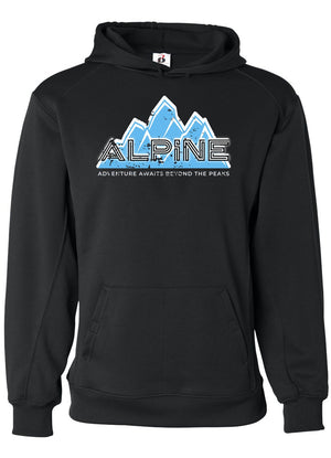 A black hoodie with light blue mountains with white snow outlines and the word Alpine in unique line font and the words Adventure Awaits Beyond The Peaks.