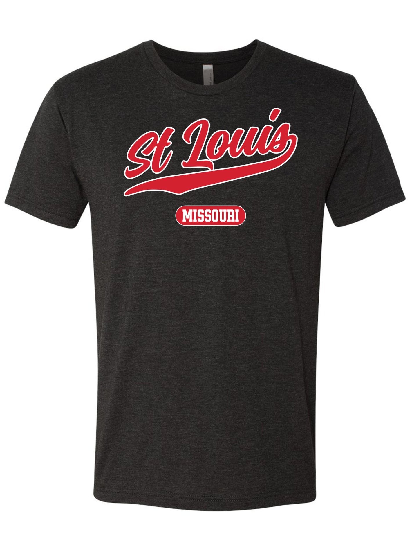 A black t-shirt with a baseball style script of the words St. Louis in red text with a pill style art below that says Missouri.