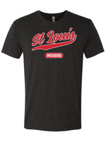 A black t-shirt with a baseball style script of the words St. Louis in red text with a pill style art below that says Missouri.